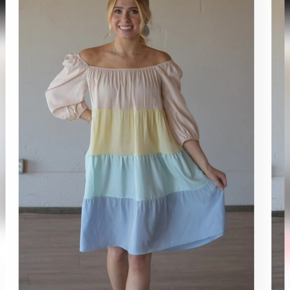 Pastel multicolor tiered dress 3/4 sleeve L XL pink yellow green blue prariecore - Picture 9 of 16
